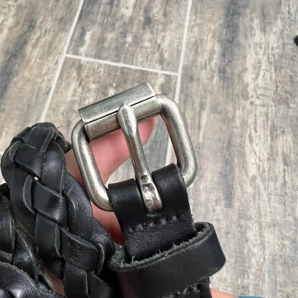 Braided Belt Women Large Black Genuine Leather Slim Woven Silver Buckle